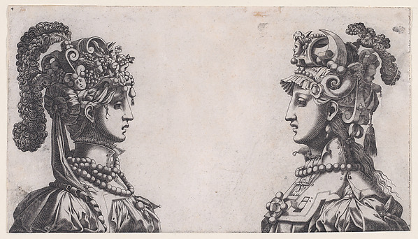 Busts of Two Women Wearing Fantastical Head-dresses