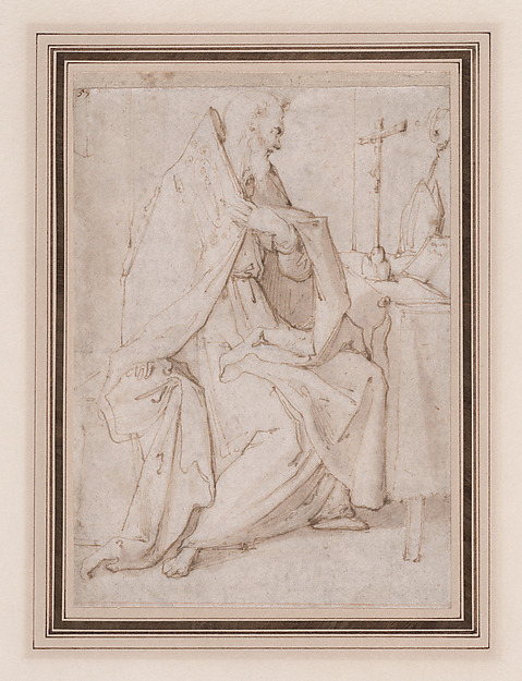 (recto) Seated Bishop Saint Praying Before a Crucifix; (verso) the cropped figure of a youth seen in frontal view (somewhat damaged).