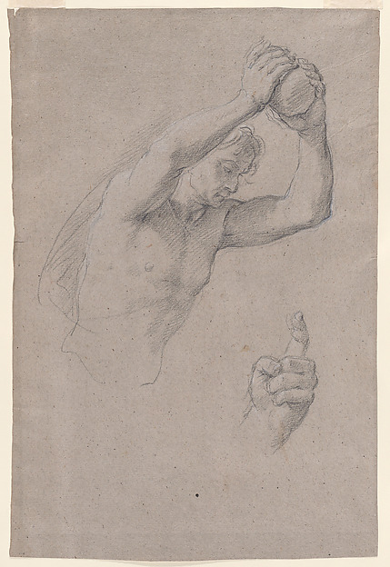 Double-sided sheet of Figural Studies: (recto) Studies of a Young Man Holding a Stone Seen in Half-length; (verso) Seated Young Man Seen in Three-quarter View from Behind, Facing Right.