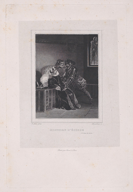 Mary, Queen of Scots being urged by Sir Robert Melville to abdicate (from "Oeuvres de Walter Scott: Histoire d'Écosse," series one, volume 26, chapter 29)
