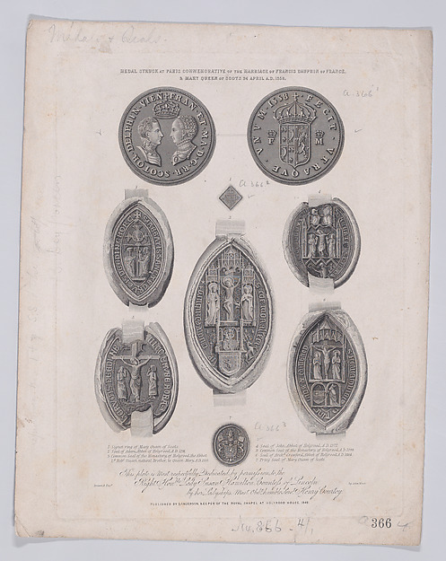 Medal commemorating the marriage of Mary, Queen of Scots to the Dauphin Francis of France, with seals and signet rings relating to Queen Mary below (from "A Souvenir of the Abbey and Palace of Holyrood")