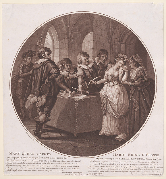 Mary, Queen of Scots signs the paper by which she resigns her crown to her infant son (from "History of England")