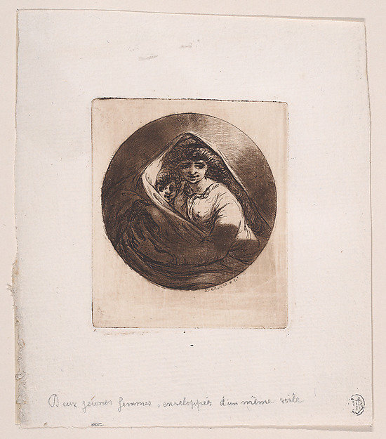 Woman and child seated, wrapped in a veil