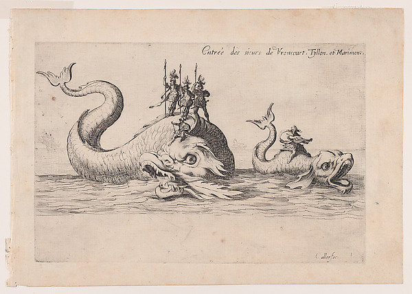Entrée de MM. de Vroncourt, Tyllon, et Marimont (Entrances of Monsieur de Vroncourt, of Monsieur de Tyllon, and Monsieur de Marimont), from Le Combat a la Barrière in the Palace at Nancy by Henri Humbert, printed by Sebastien Phillipe