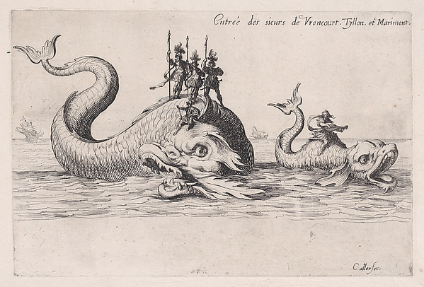 Entrée de MM. de Vroncourt, Tyllon, et Marimont (Entrances of Monsieur de Vroncourt, of Monsieur de Tyllon, and Monsieur de Marimont), from Le Combat a la Barrière in the Palace at Nancy by Henri Humbert, printed by Sebastien Phillipe