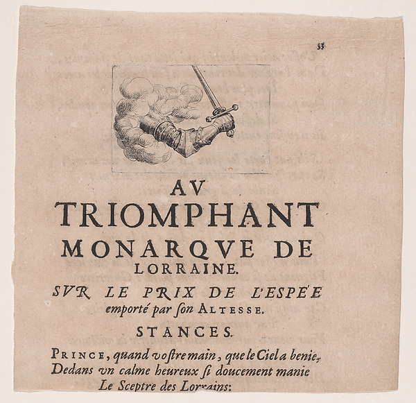Arm Emerging from a Cloud Holding a Sword, from Le Combat a la Barrière in the Palace at Nancy by Henri Humbert, printed by Sebastien Phillipe