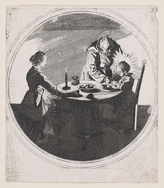 Copy of Le Benedicite, estampe appelée aussi La Sainte Famille a Table et St. Joseph Faisant Boire L'Enfant Jésus (The Grace, also called The Holy Family at the Table and St. Joseph Giving the Christ Child a Drink) by Anonymous