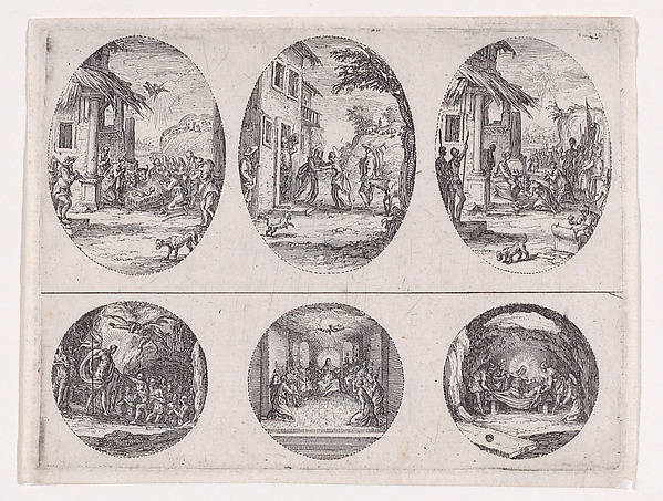 Two Oval Medallions and Two Rondels, from "Variae tum Passionis Christi tum vitae beatae Mariae Virginis; Les Mystères de la Passion suite appelée aussi Mystères de la Vie de Jésus et Mystères de la Vie de Jésus et de la Vie de la Ste. Vierge" (The Mysteries of the Passion, also called the Mysteries of the Life of Jesus, and the Mysteries of the Life of Jesus and of the Virgin) by Jacques Callot