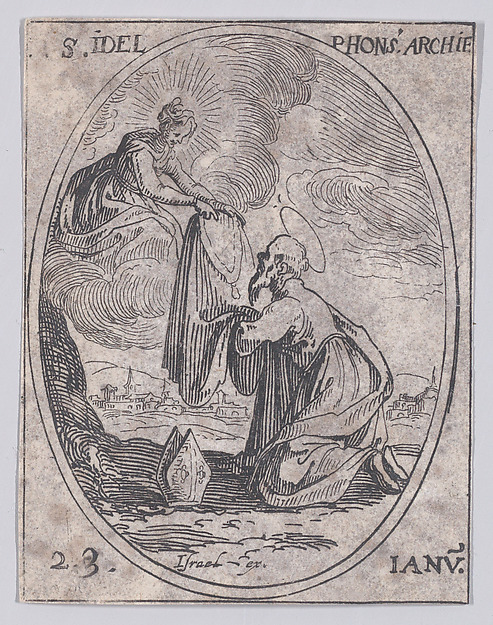 S. Ildelfonse, archevêque (St. Ildefonsus, Archbishop), January 23rd, from "Les Images De Tous Les Saincts et Saintes de L'Année" (Images of All of the Saints and Feast Days of the Year)