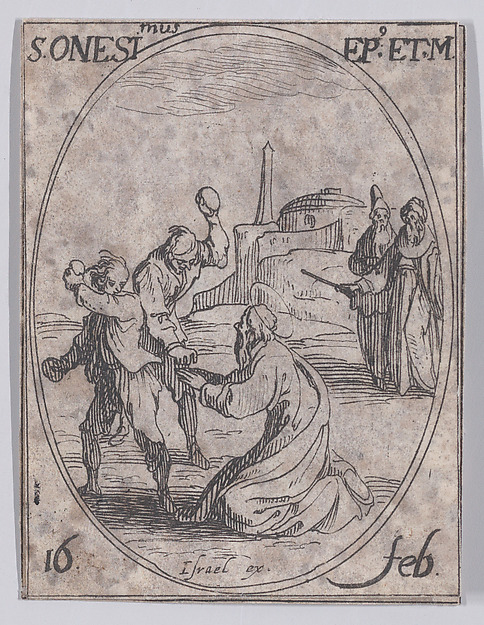 S. Onésime, évêque et martyr (St. Onesimus, Bishop and Martyr), February 16th, from "Les Images De Tous Les Saincts et Saintes de L'Année" (Images of All of the Saints and Religious Events of the Year)
