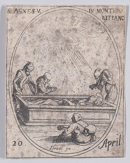 Ste. Agnès de Montepulciano (St. Agnes of Montepulciano), April 20th, from "Les Images De Tous Les Saincts et Saintes de L'Année" (Images of All of the Saints and Religious Events of the Year) by Jacques Callot, The Metropolitan Museum of Art