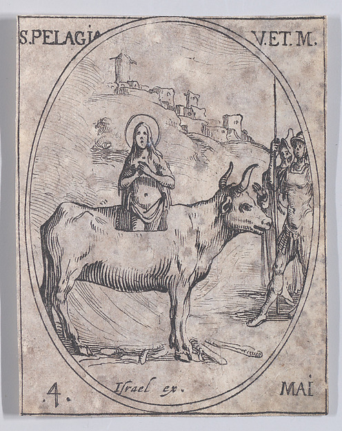 Ste. Pélagie, vierge et martyre (St. Pelagia, Virgin and Martyr), May 4th, from "Les Images De Tous Les Saincts et Saintes de L'Année" (Images of All of the Saints and Religious Events of the Year)