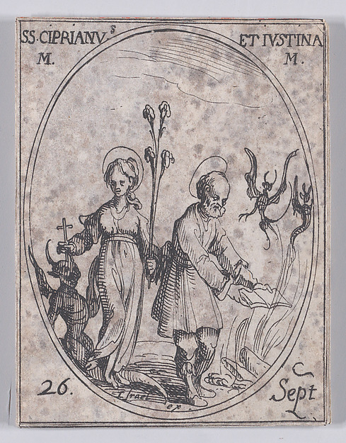 S. Cyprien et Ste. Justine, martyrs (St. Cyprian and St. Justina, Martyrs), September 26th, from "Les Images De Tous Les Saincts et Saintes de L'Année" (Images of All of the Saints and Religious Events of the Year)