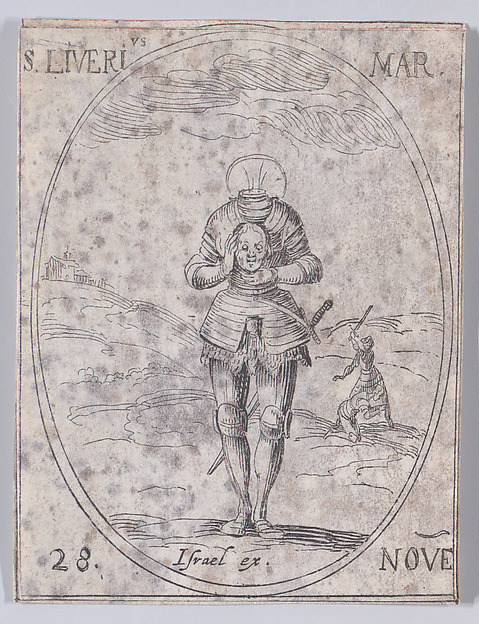 St. Livier, Martyr, November 28th, from "Les Images De Tous Les Saincts et Saintes de L'Année" (Images of All of the Saints and Religious Events of the Year)
