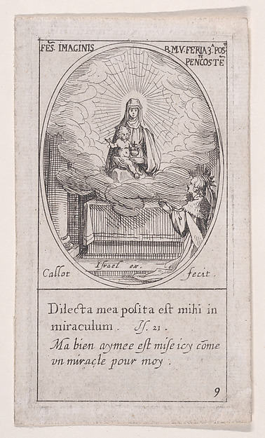 La Vierge et l'Enfant Jésus apparaissent au milieu d'un nuage sur un autel au pied duquel un reine est agenouillée en prières, au bas à droite (The Virgin and Christ Child Seated Amidst Clouds on an Altar, beneath which a Queen Kneels in Prayer at Lower Right), Third Sunday after Pentecost, from Images des Fêtes Mobiles (Images of Moveable Feasts from the Christian Calendar), part of the series Les Images De Tous Les Saincts et Saintes de L'Année (Images of All of the Saints and Religious Events of the Year), scene 9