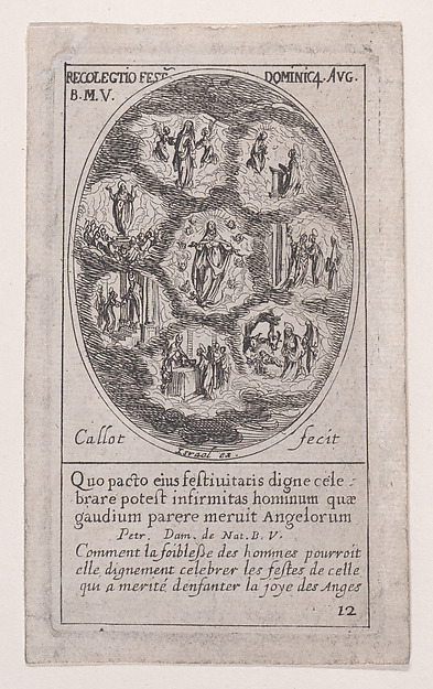 Réunion des fêtes de la Sainte Vierge (Collection of the Feasts Dedicated to the Virgin): The Immaculate Conception, The Visitation, The Birth of Christ, The Presentation at the Temple, The Purification, The Assumption, and the Reception of the Virgin in Heaven, from Images des Fêtes Mobiles (Images of Moveable Feasts from the Christian Calendar), part of the series Les Images De Tous Les Saincts et Saintes de L'Année (Images of All of the Saints and Religious Events of the Year), scene 12