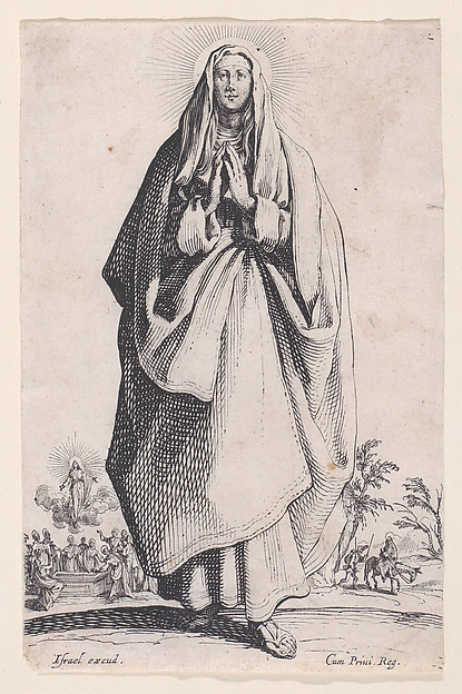 The Virgin Mary, from "Les Grands Apôtres Debout, Représentant Le Sauveur, La Bienheureuse Marie et Les Saints Apôtres" (The Large Standing Apostles, Representing The Savior, The Blessed Mary and The Apostles) by Jacques Callot