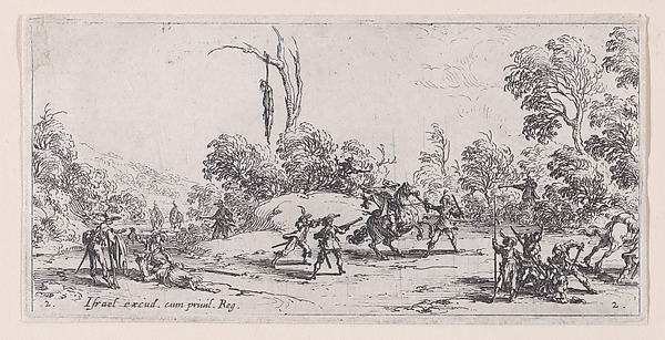 L'Attaque sur la Route estampe appelée aussi Vol Sur Les Grands Chemins (Attack on Route, also called Theft on the Great Road), from Les Petites Misères de la Guerre (The Little Miseries of War), plate 2