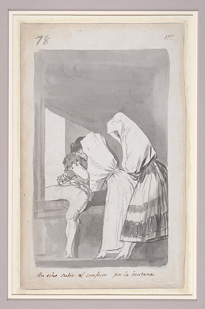 Two women helping a confessor to climb through a window; folio 78 (verso) from the Madrid Album 'B'