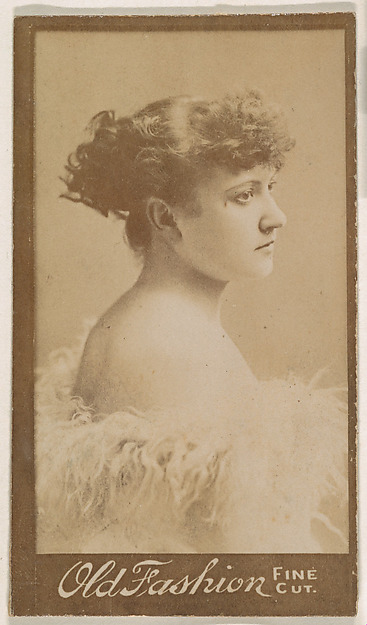 Actress in profile wearing feathered cap, from the Actresses series (N664) promoting Old Fashion Fine Cut Tobacco