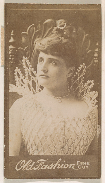 Actress wearing elaborate stand-up collar, from the Actresses series (N664) promoting Old Fashion Fine Cut Tobacco