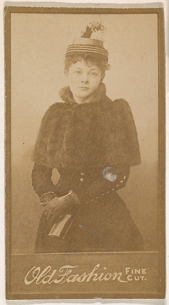 Actress wearing striped hat, from the Actresses series (N664) promoting Old Fashion Fine Cut Tobacco