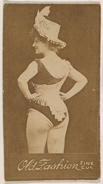Actress wearing fringed top hat, from the Actresses series (N664) promoting Old Fashion Fine Cut Tobacco