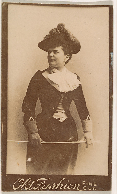 Actress holding riding crop, from the Actresses series (N664) promoting Old Fashion Fine Cut Tobacco