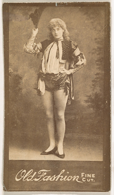 Actress holding hat aloft, from the Actresses series (N664) promoting Old Fashion Fine Cut Tobacco