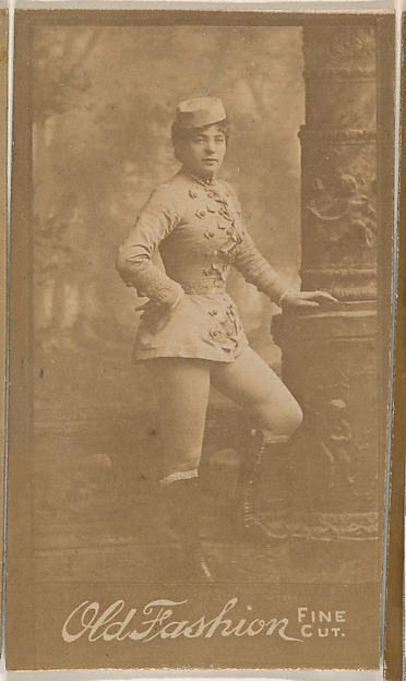 Actress leaning on column, from the Actresses series (N664) promoting Old Fashion Fine Cut Tobacco