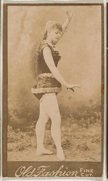Actress posing with one arm aloft, from the Actresses series (N664) promoting Old Fashion Fine Cut Tobacco