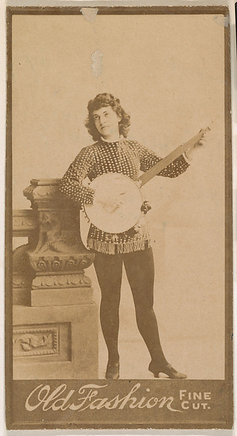 Actress playing banjo, from the Actresses series (N664) promoting Old Fashion Fine Cut Tobacco