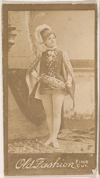 Actress wearing plumed hat and fringed sash, from the Actresses series (N664) promoting Old Fashion Fine Cut Tobacco