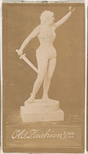 Actress posing on pedestal as statue with sword, from the Actresses series (N664) promoting Old Fashion Fine Cut Tobacco