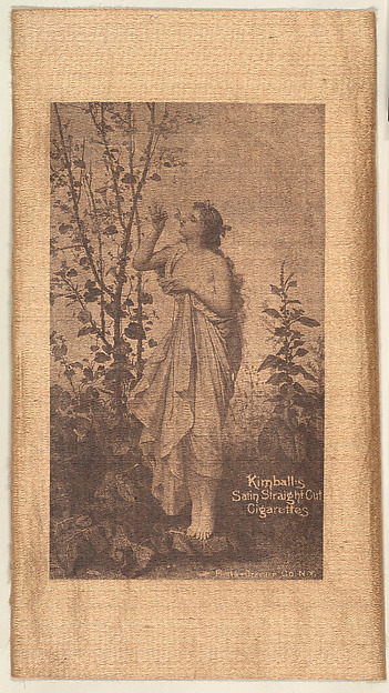 Woman smelling blossom on tree (on brown silk), from the Girl Art Subjects series (N193) issued by Wm. S. Kimball & Co.