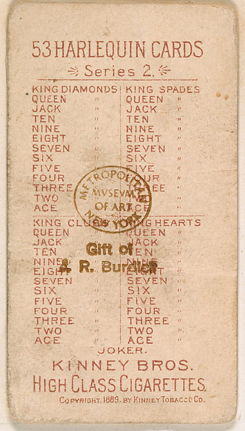 Example of card verso from Harlequin Cards, 2nd Series (N220) issued by Kinney Bros.