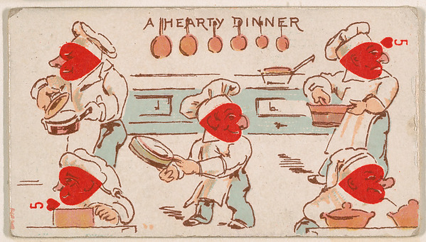 Five of Hearts, A Hearty Dinner, from Harlequin Cards, 2nd Series (N220) issued by Kinney Bros.