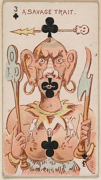 Three of Clubs, A Savage Trait, from Harlequin Cards, 2nd Series (N220) issued by Kinney Bros.