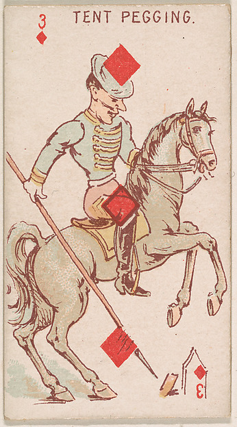 Three of Diamonds, Tent Pegging, from Harlequin Cards, 2nd Series (N220) issued by Kinney Bros.