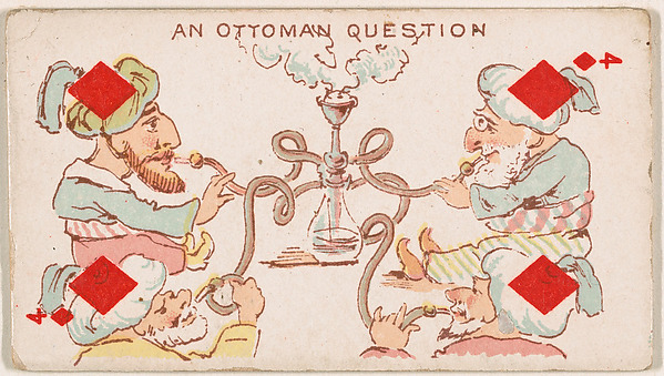 Four of Diamonds, An Ottoman Question, from Harlequin Cards, 2nd Series (N220) issued by Kinney Bros.