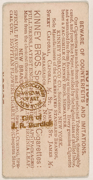 Example of one variety of card verso, from the Military Series (N224) issued by Kinney Tobacco Company to promote Sweet Caporal Cigarettes