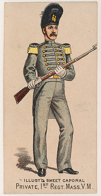 Private, 1st Regiment, Massachusetts, V.M., from the Military Series (N224) issued by Kinney Tobacco Company to promote Sweet Caporal Cigarettes