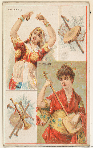 Castanets and Seimseim, from the Musical Instruments series (N121) issued by Duke Sons & Co. to promote Honest Long Cut Tobacco