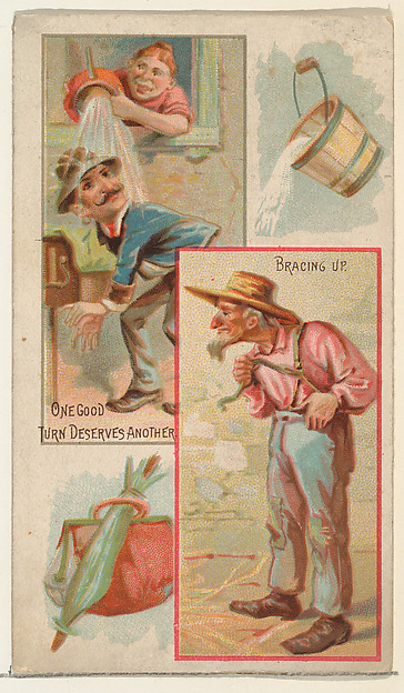 One Good Turn Deserves Another / Bracing Up, from the Jokes series (N118) issued by Duke Sons & Co. to promote Honest Long Cut Tobacco