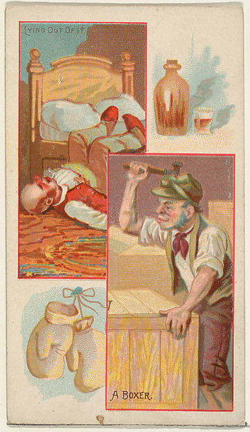 Lying Out of It / A Boxer, from the Jokes series (N118) issued by Duke Sons & Co. to promote Honest Long Cut Tobacco
