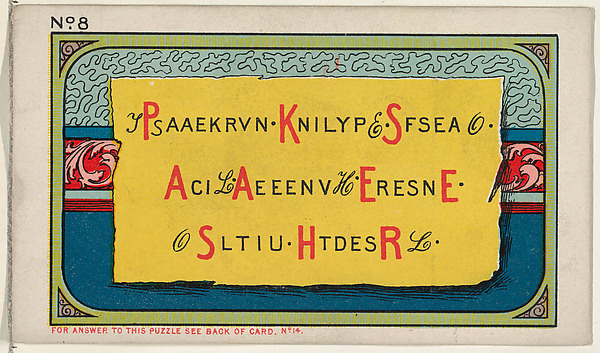 Puzzle Card Number 8, The Cryptogram Puzzle, from the Jokes series (N118) issued by Duke Sons & Co. to promote Honest Long Cut Tobacco