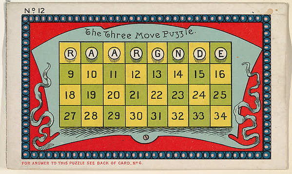 Puzzle Card Number 12, The Three Move Puzzle, from the Jokes series (N118) issued by Duke Sons & Co. to promote Honest Long Cut Tobacco