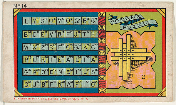 Puzzle Card Number 14, "Interlace" Puzzle, from the Jokes series (N118) issued by Duke Sons & Co. to promote Honest Long Cut Tobacco