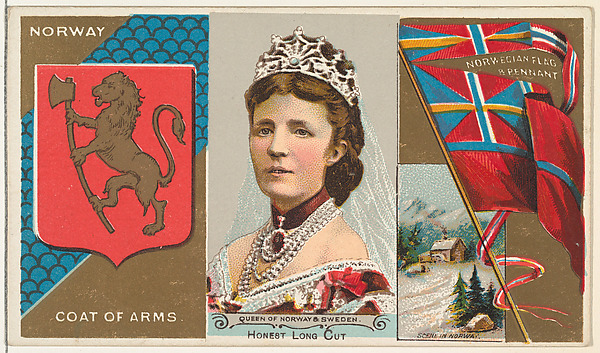 Queen of Norway and Sweden, from the Rulers, Flags, and Coats of Arms series (N126-1) issued by W. Duke, Sons & Co.