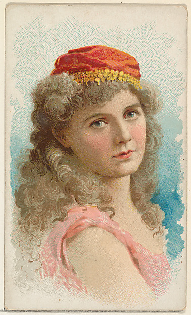 Actress wearing red silk cap with gold detailing, from Stars of the Stage, First Series (N129) issued by W. Duke, Sons & Co. to promote Honest Long Cut Tobacco